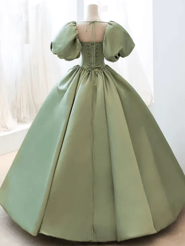 Luolandi A-Line Princess Green Satin Puffy Sleeves Long Formal Dress Satin Prom Dress Party Dress Evening Dress