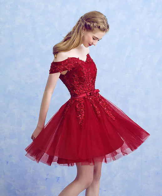 Luolandi Wine Red Tulle with Lace Applique Party Dress A Line Homecoming Dress Off Shoulder