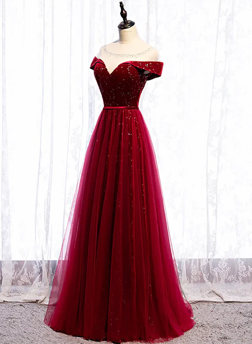 Luolandi Wine Red Velvet and Tulle Long Prom Dress A-line Floor Length Prom Dress Elegant Evening Dress