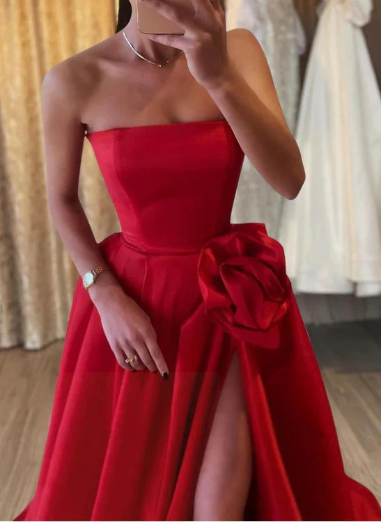 Luolandi A-Line Evening Gown Elegant Formal Sleeveless Strapless Satin Long Prom Dress with Slit No With Gloves