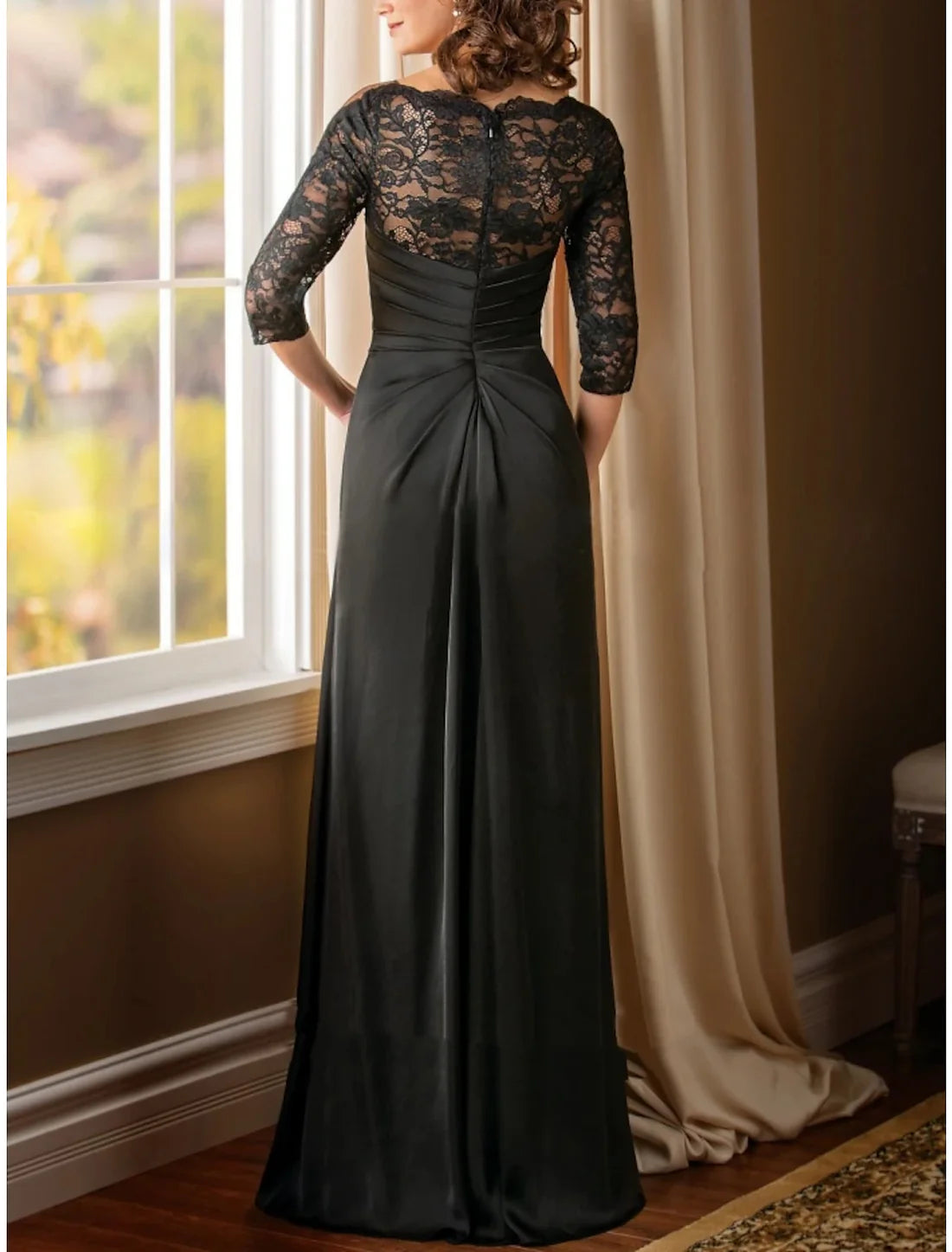 Luolandi A-Line Mother of the Bride Dress Wedding Guest Elegant Scoop Neck Floor Length Chiffon Half Sleeve with Lace Beading Ruching Black