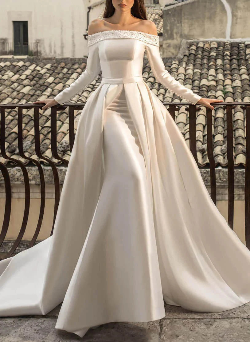 Luolandi Off-The-Shoulder Long Sleeves Pearl Detachable Wedding Dress Floor Length Elegant
