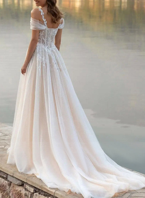 Luolandi A-Line Off-The-Shoulder Tulle Wedding Dresses With Appliques Lace Beautiful