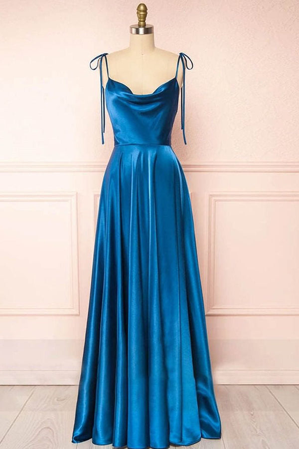 Luolandi Sweet A-line Cowl Neck Silk Long Prom Dress Solid Color Party Dress With Slit