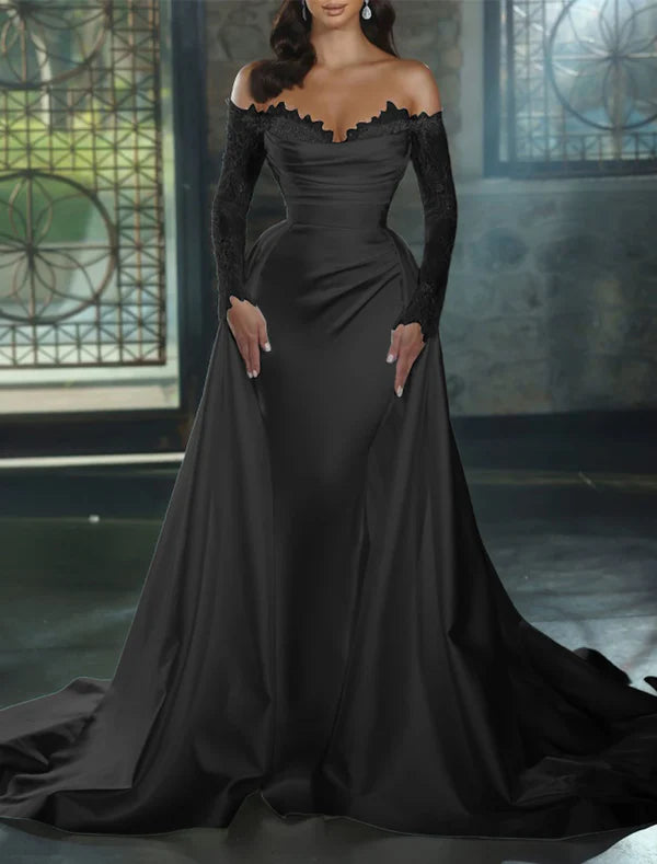 Luolandi Engagement Formal Wedding Dresses Sheath / Column Off Shoulder Long Sleeve Chapel Train Satin Bridal Gowns With Appliques