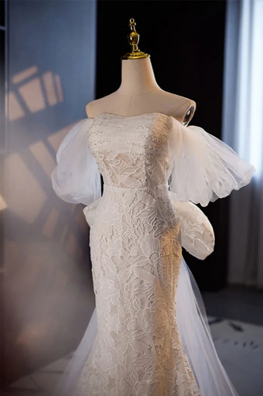 Luolandi Gorgeous Mermaid Lace Wedding Dress Party Dress Off Shoulder with Big Bow Off Shoulder