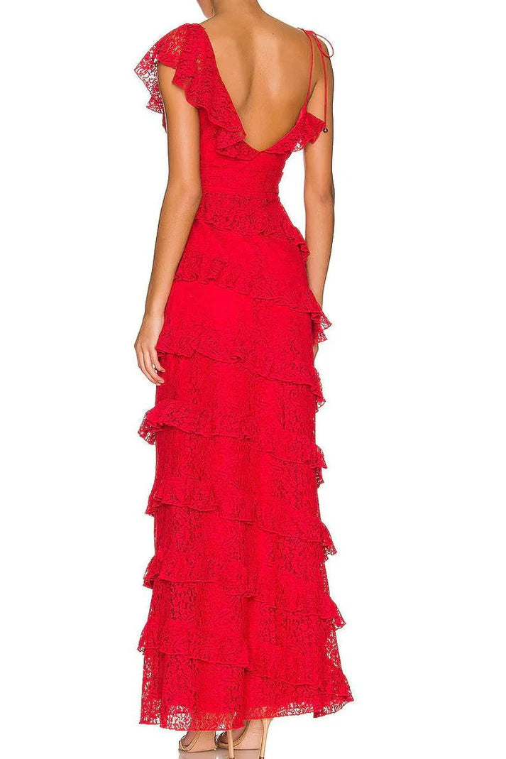 Luolandi Red Lace Long Prom Dress Tiered Evening Dresses Graduation Gown With Slit