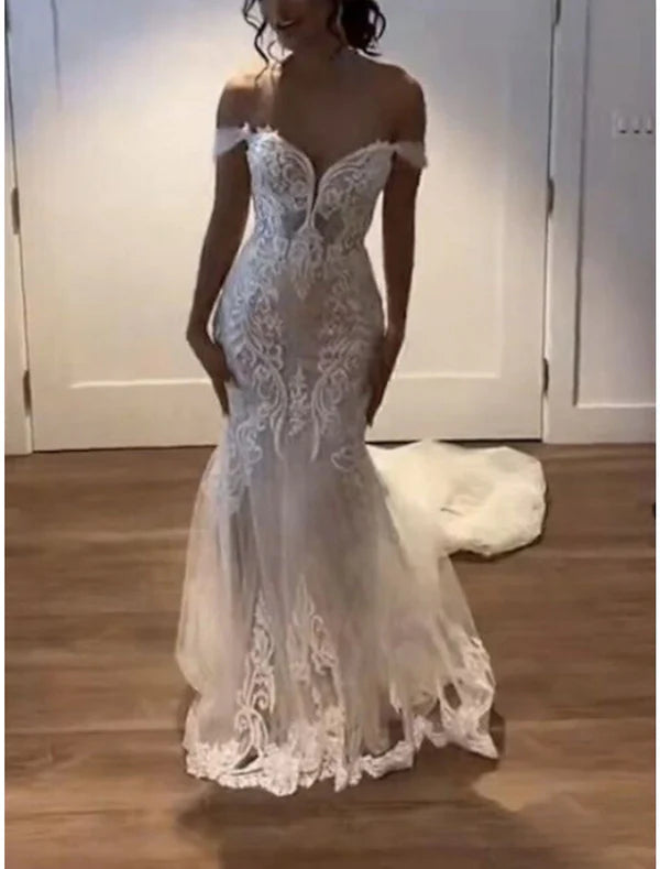Luolandi Formal Wedding Dresses Mermaid / Trumpet Off Shoulder Sleeveless Court Train Lace Bridal Gowns With Pleats Without Wedding Veil