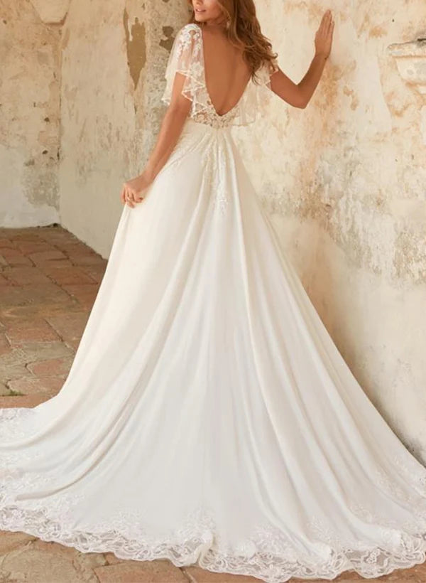 Luolandi Elegant Lace/Tulle Wedding Dresses With Removable Sleeves Floor Length Open Back