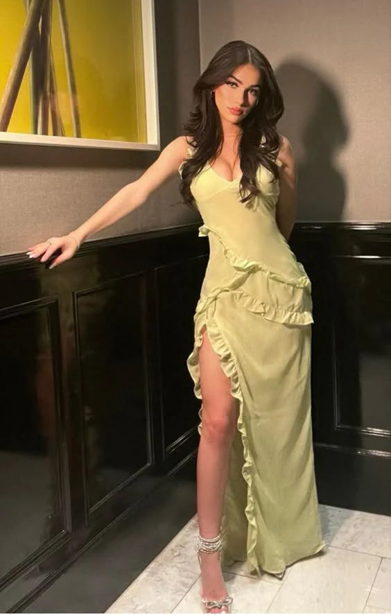 Luolandi Light Green Sheath Ruffles Long Party Dress Wedding Guest Dress Sexy Formal Dress