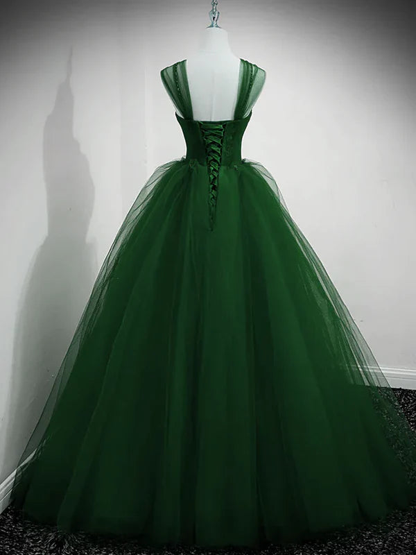 Luolandi Beaded Tulle Off Shoulder Long Party Dress Tulle A-line Prom Dress Ball Gown Quinceanera Dress Green