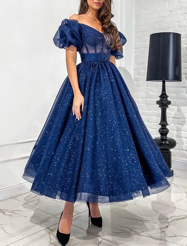 Luolandi A-Line Cocktail Dresses Corsets Dress Wedding Party Birthday Ankle Length Short Sleeve Off Shoulder Tulle with Glitter Belt Sparkly Evening Dress
