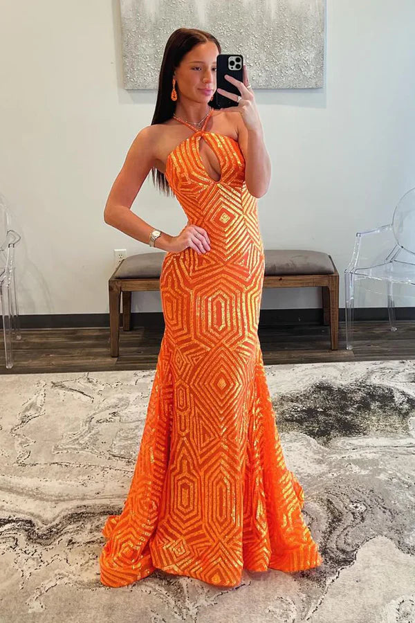Luolandi Mermaid Halter Keyhole Orange Sequins Long Prom Dresses Sexy Evening Dress