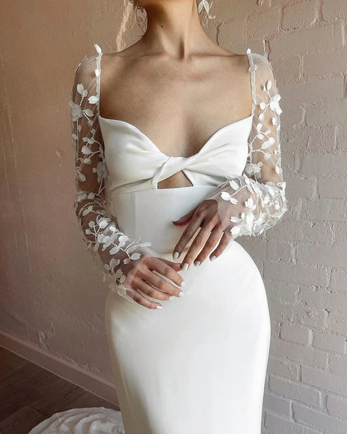 Luolandi Mermaid Sweetheart Satin Long Wedding Dresses with Long Sleeves Elegant