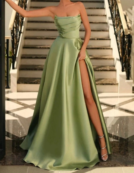Luolandi A-Line Princess Ball Gown Sage Green Strapless Prom Dress Long Pleats With Split Sexy Evening Dress