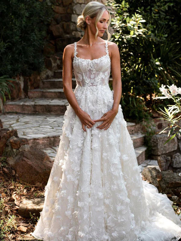 Luolandi 3D Flowers Wedding Gown Floral Lace Boho Wedding Dresses A Line Floor Length Elegant