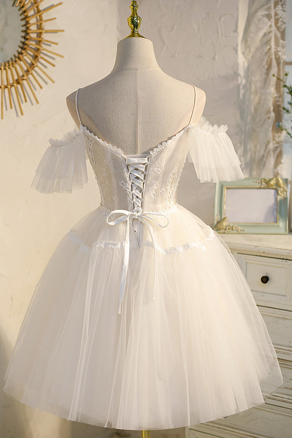 Luolandi A-line V Neck Spaghetti Straps Tulle Homecoming Dress Ivory Wedding Dress