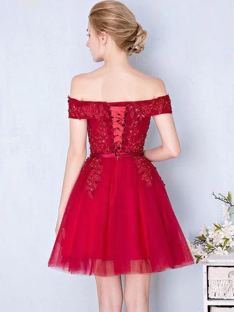 Luolandi Wine Red Tulle with Lace Applique Party Dress A Line Homecoming Dress Off Shoulder