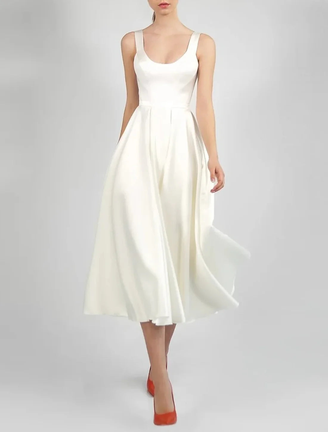 Luolandi Hall Little Dresses Wedding Dresses A-Line Scoop Neck Sleeveless Tea Length Satin Bridal Gowns With Pleats