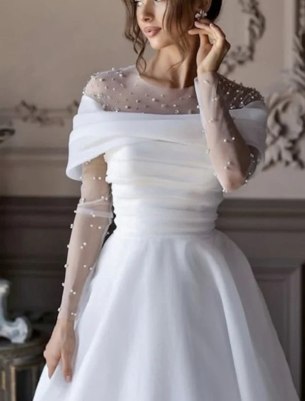 Luolandi Simple Wedding Dresses Wedding Dresses A-Line V Neck Long Sleeve Court Train Chiffon Bridal Gowns With Pleats Ruched Elegant Excluding veil