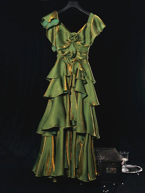 Luolandi Green Ruffles A-Line Vintage Long Prom Dress Maxi Dress Party Dress Evening Dress