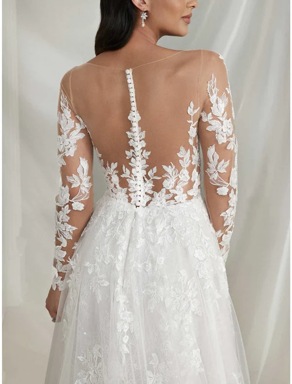 Luolandi Hall Formal Wedding Dresses A-Line V Neck Long Sleeve Court Train Lace Bridal Gowns With Pleats Solid Color Elegant