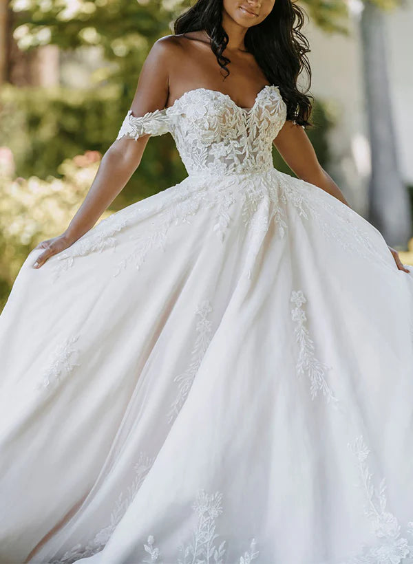 Luolandi Sweetheart Sleeveless Sweep Train Wedding Dresses Off Shoulder Floor Length with Appliques