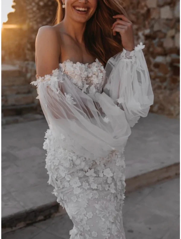 Luolandi Formal Wedding Dresses A-Line Sweetheart Long Sleeve Court Train Lace Bridal Gowns With Pleats Appliques Beautiful