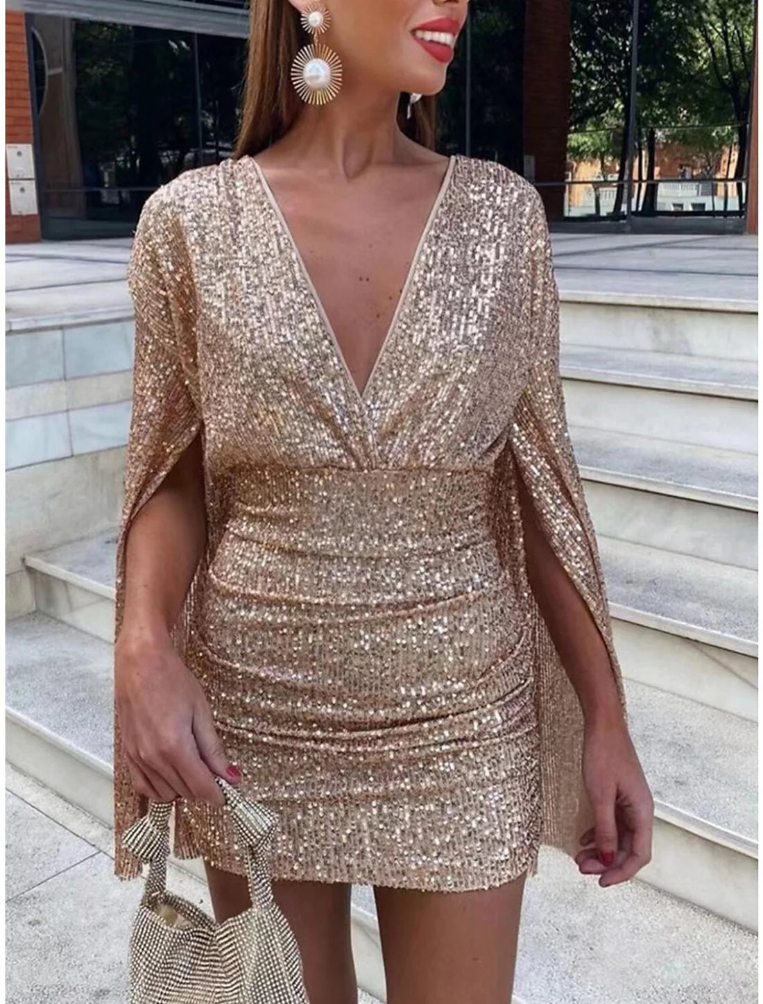 Luolandi Women's Sequin Dress Party Dress Sparkly Dress Homecoming Dress Cocktail Dress Mini Dress Champagne Dark Green Dark Blue Long Sleeve Sparkly Deep V Fashion
