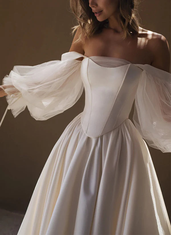 Luolandi A-Line Off-The-Shoulder Long Sleeves Satin Wedding Dresses With Pleated Elegant