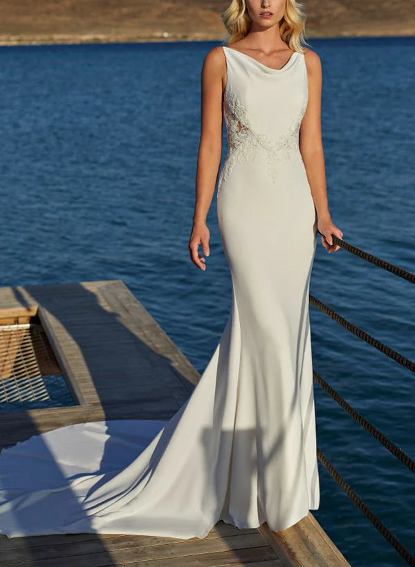 Luolandi Elegant Trumpet Mermaid Cowl Neck Lace Satin Wedding Dresses Sleeveless Floor Length