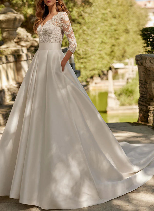 Luolandi Lace Wedding Dresses With A-Line V-Neck 3/4 Sleeves And Court Train Floor Length Elegant