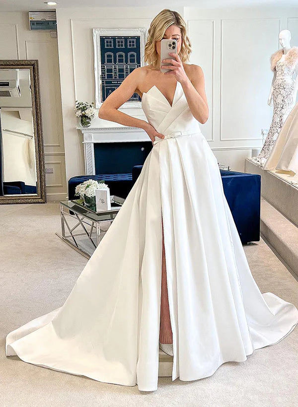 Luolandi V-Neck Sleeveless Ball-Gown Wedding Dresses With Split Front Sweep Train Satin Off Shoulder Sexy