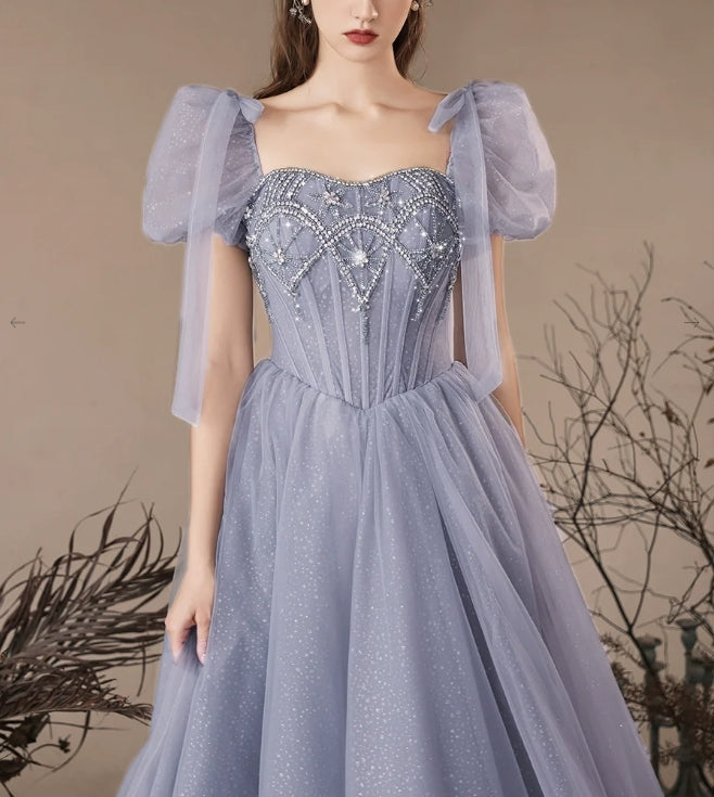 Luolandi A-Line Sweetheart Neck Tulle Beads Blue Long Prom Dress Evening Dress Sparkly Formal Dress