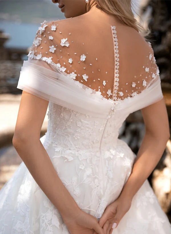Luolandi Illusion Neck Lace Wedding Dress A Line Floor Length with Appliques Elegant Beautiful