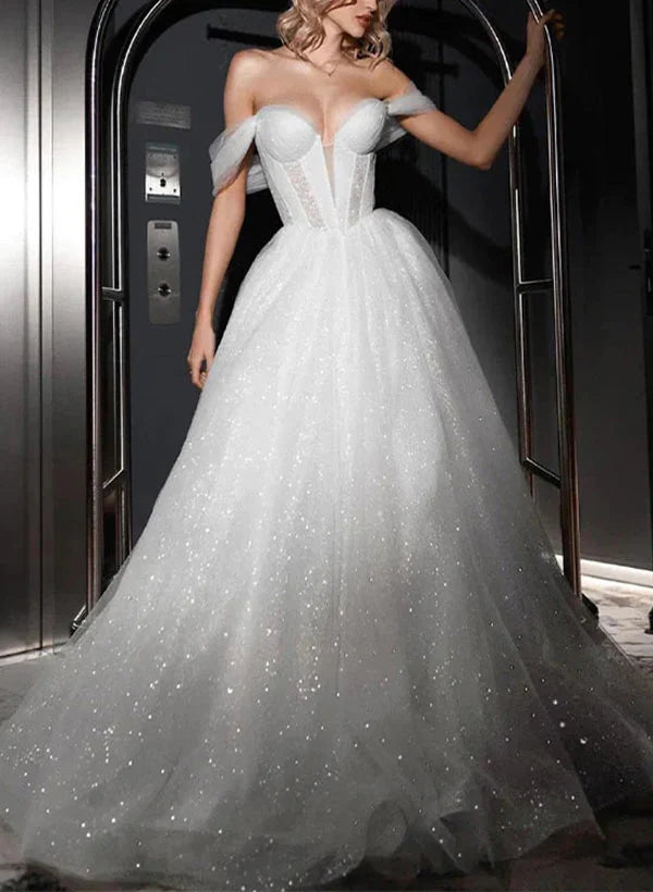 Luolandi Off-The-Shoulder Sleeveless Ball-Gown Wedding Dress With Sweep Train And Sequins Sparkly