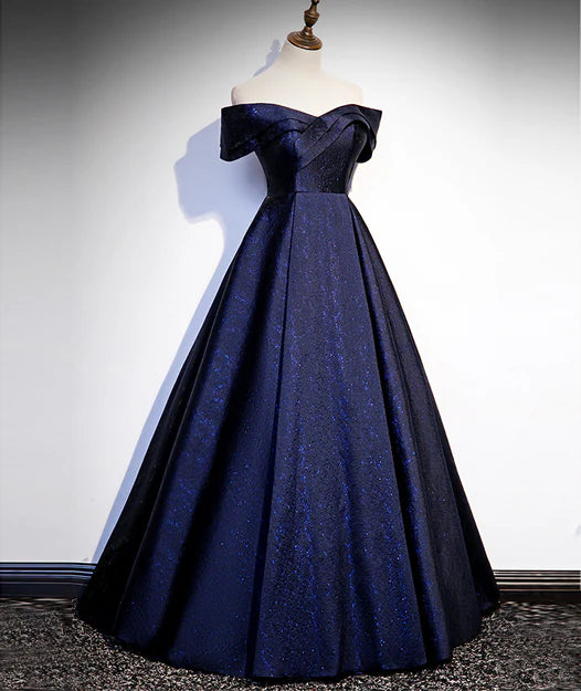 Luolandi Navy Blue Satin Off Shoulder Long Prom Dress A-line Formal Dress Evening Dress Elegant