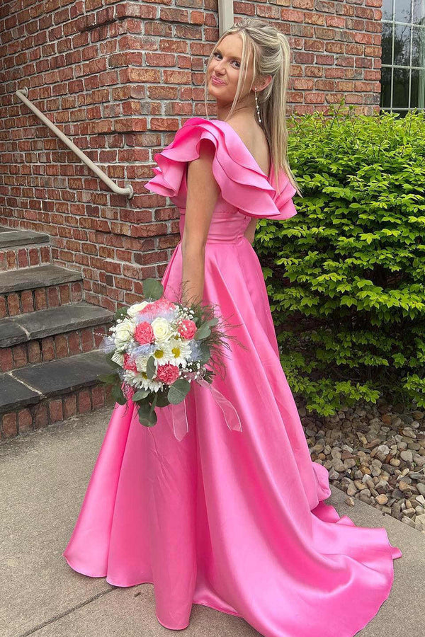 Luolandi Hot Pink V-Neck Ruffle A-Line Long Prom Dress Sexy Evening Dress Party Dress With Slit