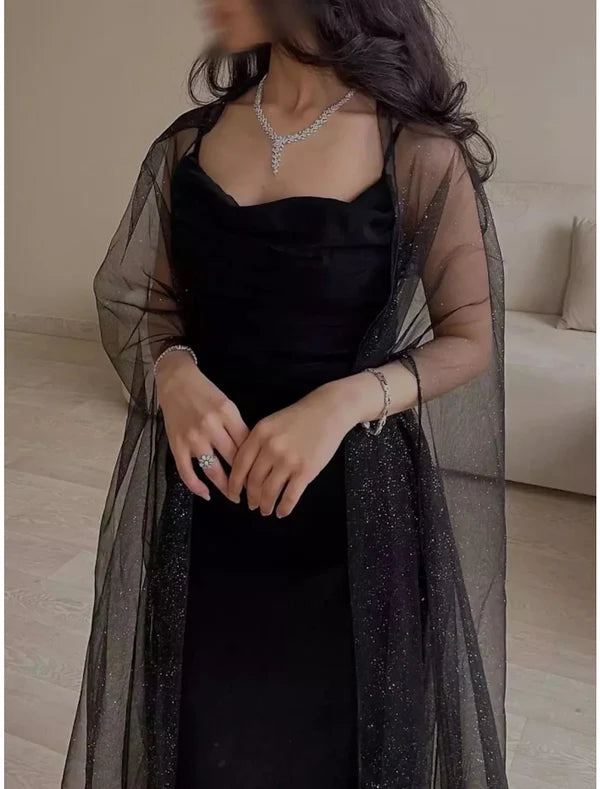 Luolandi Sheath / Column Evening Gown Elegant Dress Black Dress Formal Ankle Length Sleeveless Spaghetti Strap Chiffon