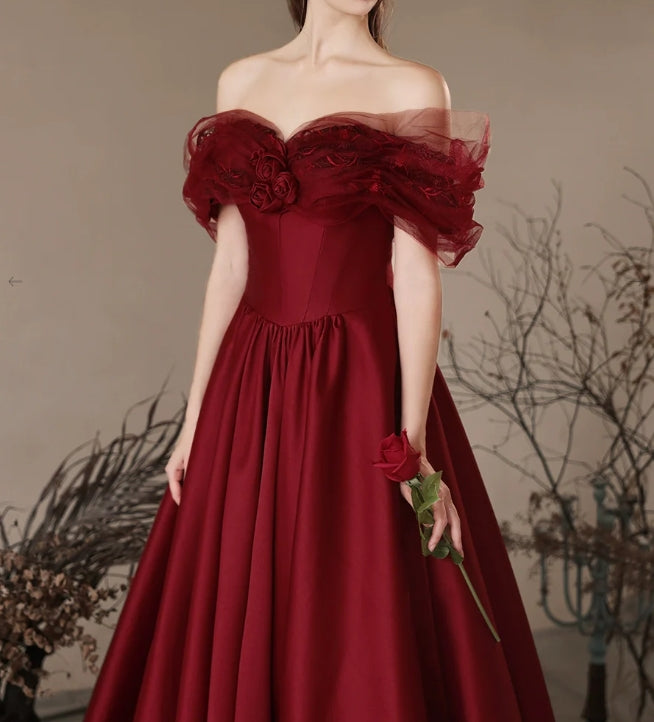 Luolandi A-Line Off Shoulder Satin Burgundy Long Prom Dress Formal Dress Elegant Evening Dress