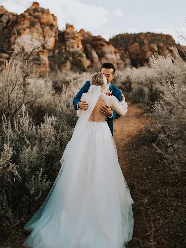 Luolandi Fabulous Illusion Long Sleeves Ball Gown Tulle Wedding Dresses Appliqued Bridal Gowns Elegant