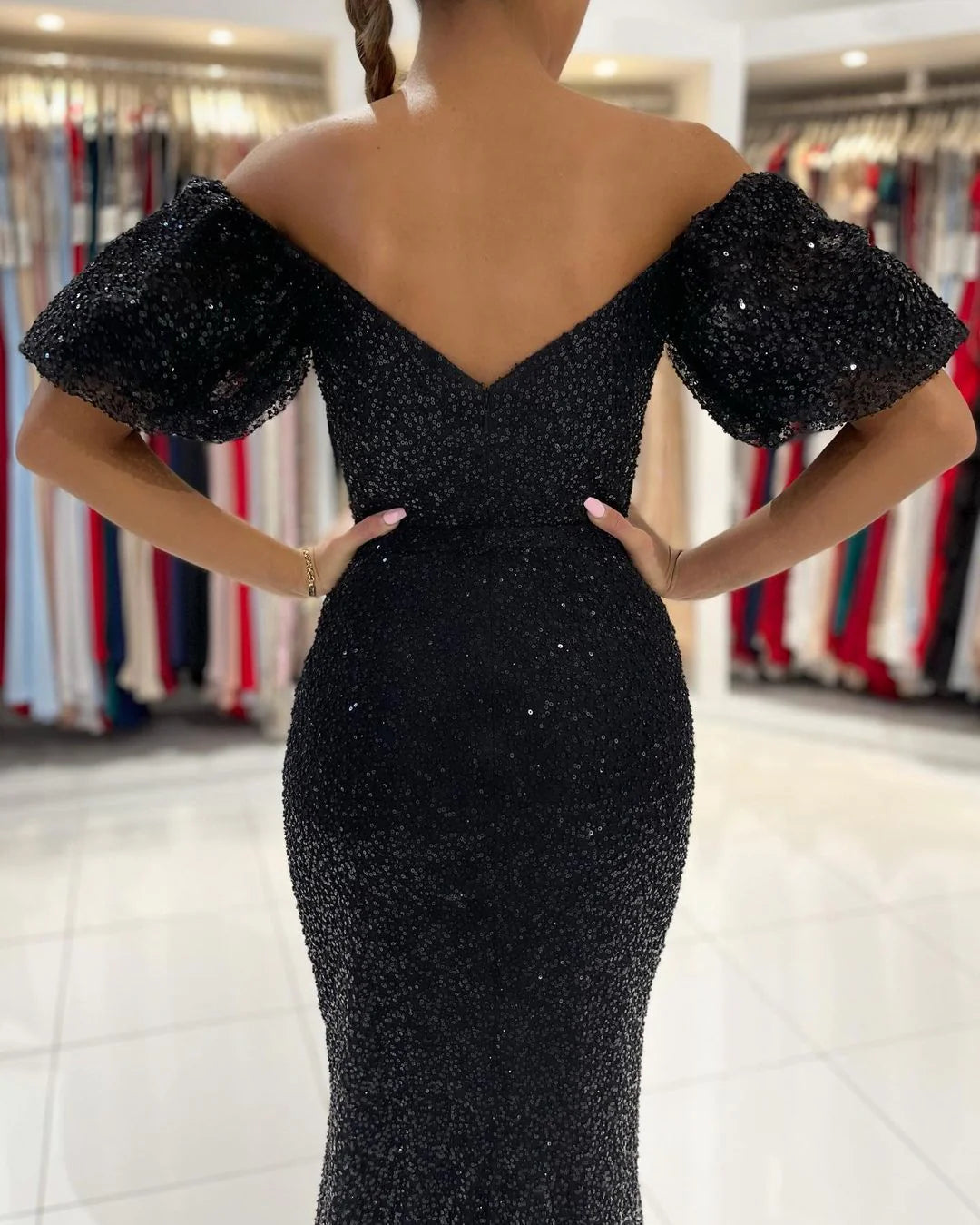 Luolandi Sexy Off-The-Shoulder Black Mermaid Sequins Prom Dress Long With Slit Charming Evening Dress