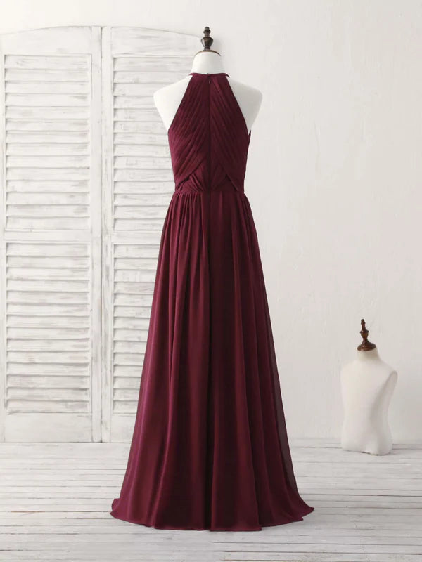 Luolandi Simple A-Line Burgundy Chiffon Long Prom Dress Halterneck Evening Dress Dark Blue Elegant