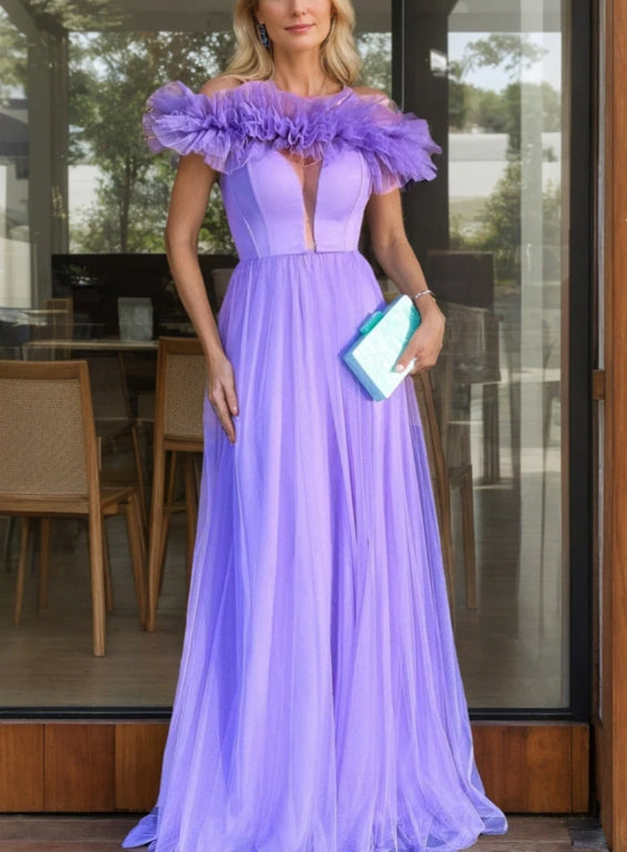 Luolandi Fuchsia A Line Prom Dress Off The Shoulder Evening Dress Floor Length Sexy