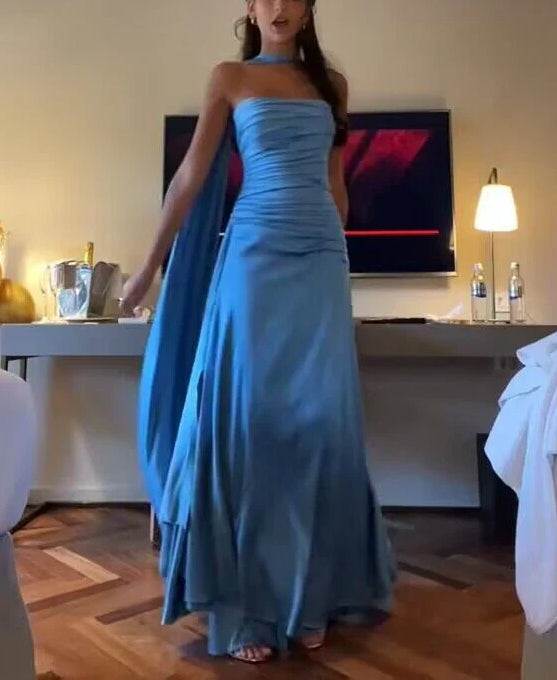 Luolandi Elegant Strapless A-Line Blue Simple Long Party Dress Elegant Evening Dress wedding guest dress
