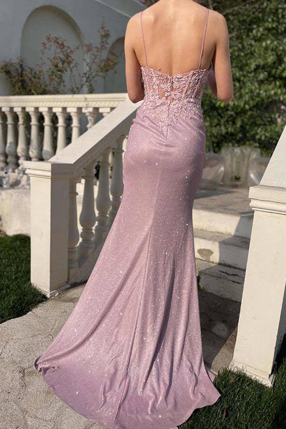Luolandi Pink Mermaid Corset Lace Appliques Spaghetti Straps Long Prom Dress Elegant Evening Dress
