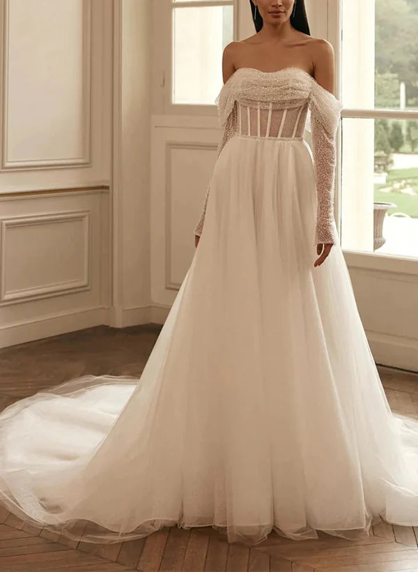 Luolandi Sequined Wedding Dresses With A-Line Off-The-Shoulder Long Sleeves Floor Length