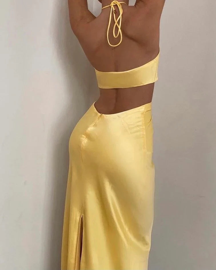 Luolandi Yellow Halter Backless Slit Long Prom Dress Wedding Guest Dress Sexy Party Dress