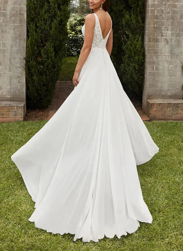 Luolandi A-Line V-Neck Sweep Train Chiffon Wedding Dress With Split Front Sexy Elegant