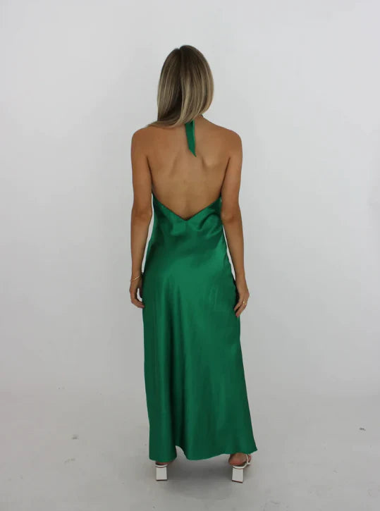 Luolandi Green Cross Neck Halter Backless Satin Party Dress Elegant Evening Dress Solid Color